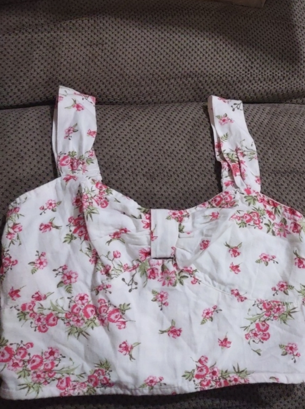 Midnight Sky Womens Small Pink Floral Toile Cotton Flax Crop Strappy Smocked Top